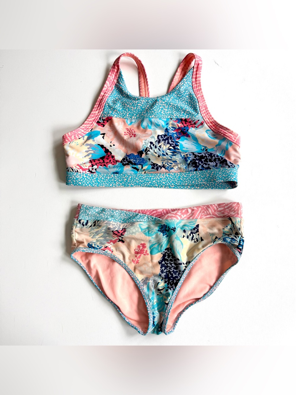 ATHLETA GIRL Pink Blue Floral 2 Piece Athletic Bikini Swimsuit GirlsXL/XXL 14/16